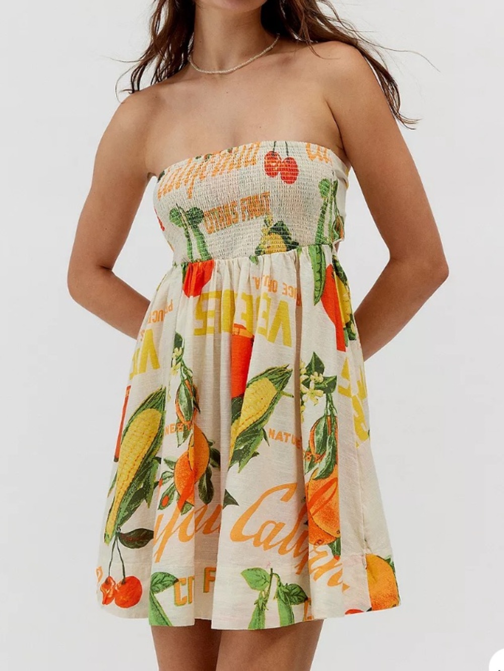 Urban Outfitters Cream Mini Sundress with Fruit Print